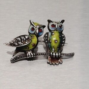 Vintage Alice Caviness Sterling Silver Marcasite Enamel Double Owl Pin Brooch